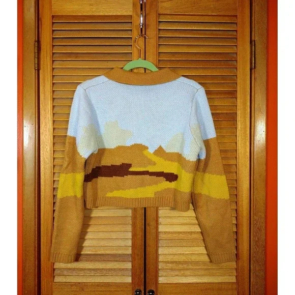 Retro Knit Cropped Cardigan Sweater Womens Desert Landscape Medium Eclectic Art - Picture 3 of 5